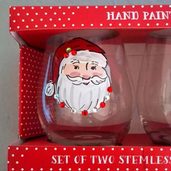🎅 Santa & Mrs. Claus stemless wine glasses. Hand painted. Rhinestones. Set of 2 - Picture 8 of 13